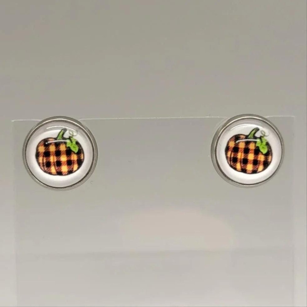 Orange Plaid Pumpkin Stud Earrings, Stainless Steel Halloween Jewelry